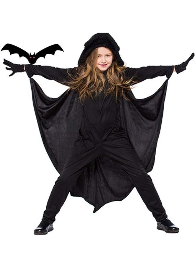 JCB CHIC Kids Halloween Costume Fancy Dress Black Bat Wings Hooded Cape Cosplay Party Costume and Gloves for Boys&Girls (L) - Image 2