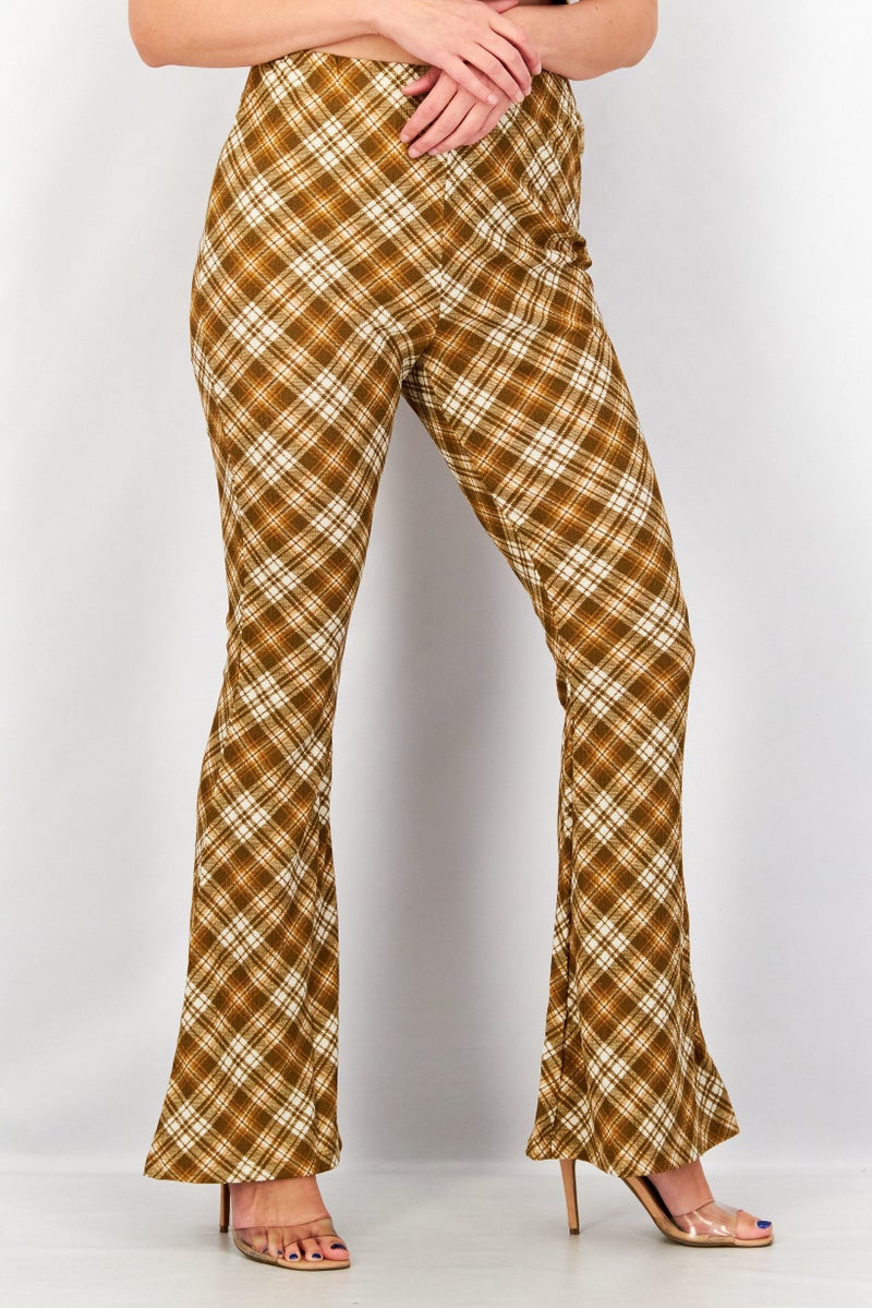 TOPSHOP Women Checkered Pull On Flare Pants, Brown  - Image 1