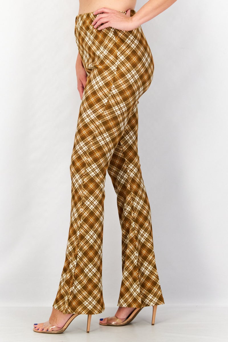 TOPSHOP Women Checkered Pull On Flare Pants, Brown  - Image 3