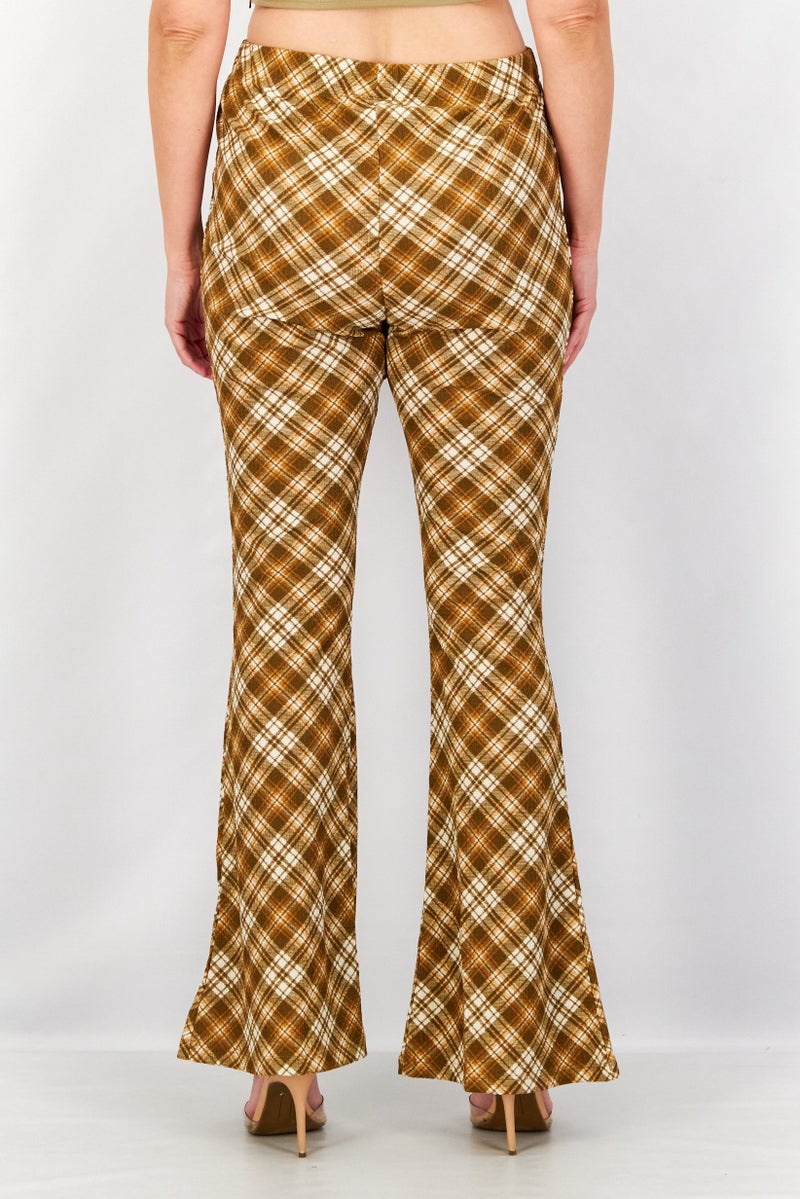 TOPSHOP Women Checkered Pull On Flare Pants, Brown - Image 4