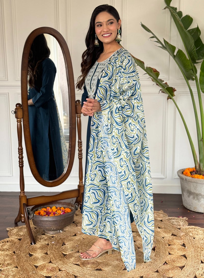 Women's embroidered straight Kurta with  magic pant and dupatta sets  - Image 2