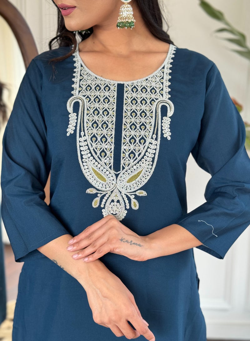 Women's embroidered straight Kurta with  magic pant and dupatta sets  - Image 4