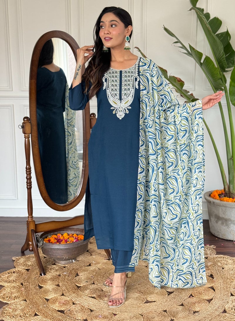 Women's embroidered straight Kurta with  magic pant and dupatta sets  - Image 5