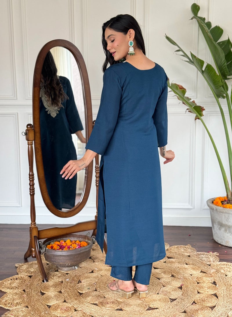 Women's embroidered straight Kurta with  magic pant and dupatta sets  - Image 3