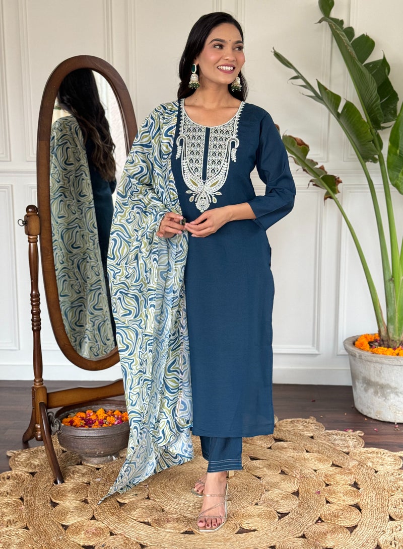 Women's embroidered straight Kurta with  magic pant and dupatta sets  - Image 1