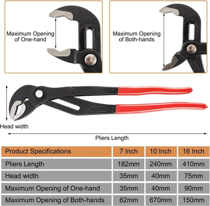 HighFree 3PCS Water Pump Pliers Set 7Inch, 10Inch, 16Inch, Tongue and Groove Pliers Set Quick Adjustment by Pressing and Sliding Grips Any Shaped Object - Image 2