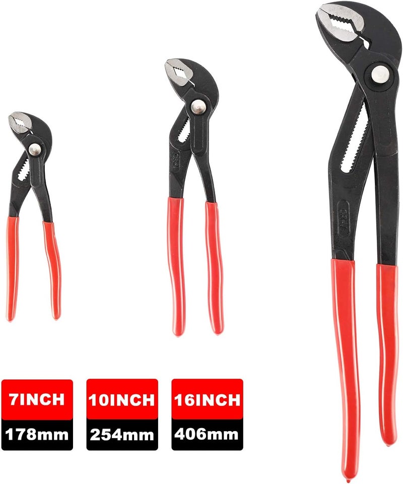 HighFree 3PCS Water Pump Pliers Set 7Inch, 10Inch, 16Inch, Tongue and Groove Pliers Set Quick Adjustment by Pressing and Sliding Grips Any Shaped Object - Image 4