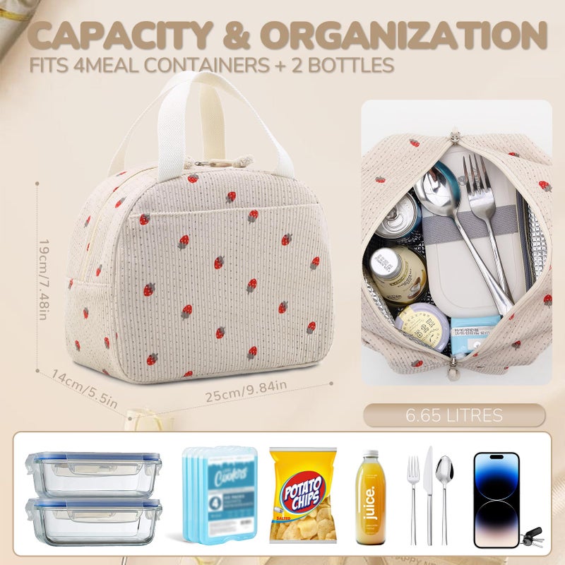 Baglemon Lunch Bag for Women Men Cute Corduroy Lunch Tote Bags Reusable Insulated Lunch Box Large Capacity Reusable Insulated Cooler for Work/Picnic/Travel - Image 5