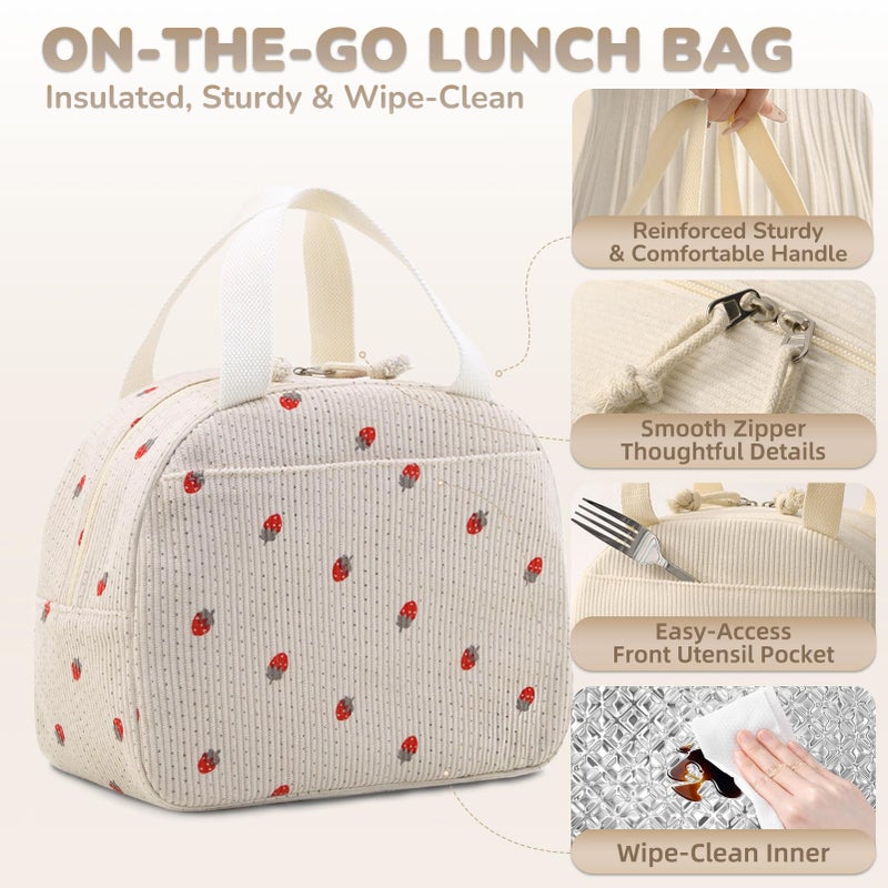 Baglemon Lunch Bag for Women Men Cute Corduroy Lunch Tote Bags Reusable Insulated Lunch Box Large Capacity Reusable Insulated Cooler for Work/Picnic/Travel - Image 3