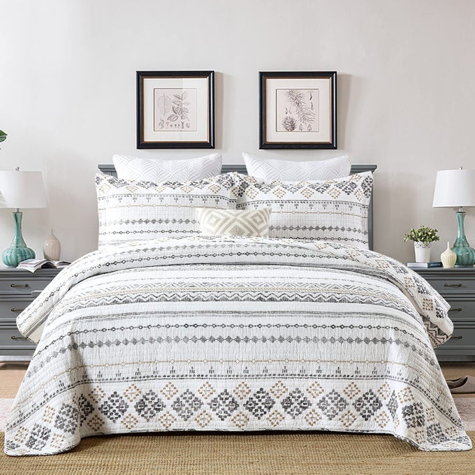 QUILT KING SIZE SET 100 COTTON BOHO QUILT BEDDING SET BEDSPREADS BOHEMIAN REVERSIBLE LIGHTWEIGHT STRIPED QUILTS BEDSPREAD FOR ALL SEASON WHITEGREY 3 PIECES