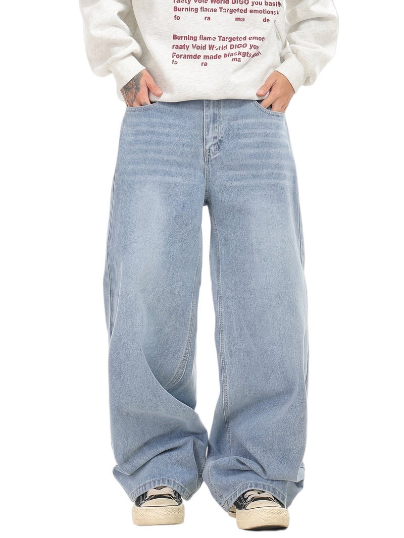 American Retro Distressed Washed Loose Jeans, Street Trendy Urban Style Comfortable All-Match Blue Trousers Men'S () - Image 1