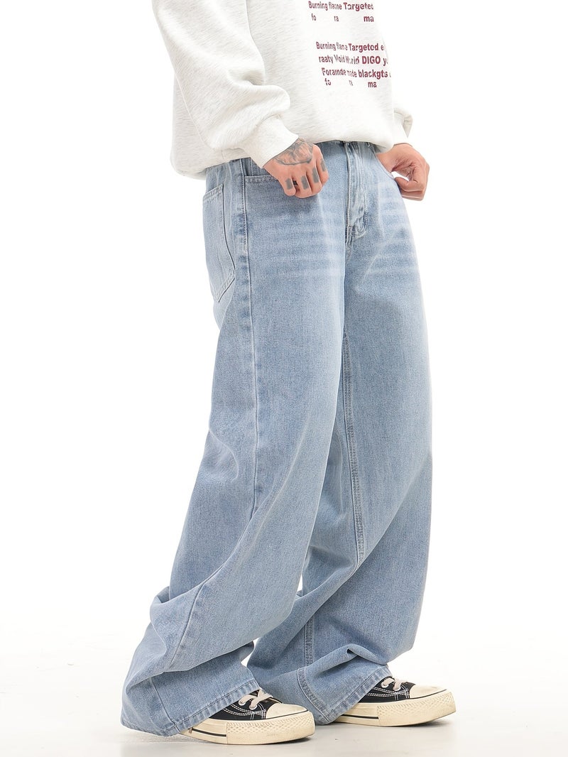 American Retro Distressed Washed Loose Jeans, Street Trendy Urban Style Comfortable All-Match Blue Trousers Men'S () - Image 3