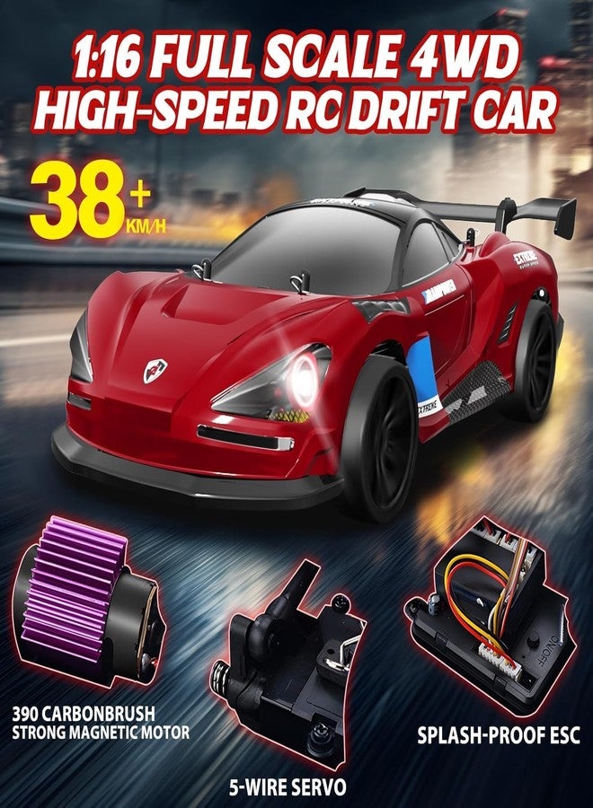 Samtop Rc DriftCar Classic, 1/16 4Wd Racing Car, 35Km/H High Speed Drifting Vehicles Car with Led Lights, 4 Speed Tires, 4 Drift Tires, 2 Batteries, Gift for Kids RED - Image 2