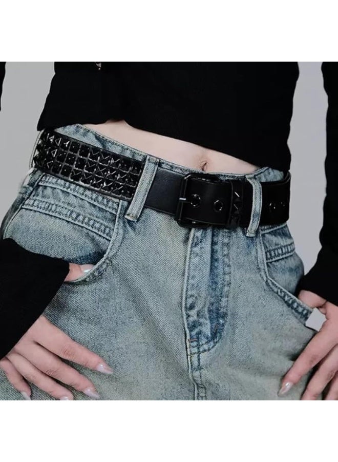 Studded Punk Belt, Black PU Leather with 3-Row Silver Pyramid Rivets, 110 x 3.8 cm - Image 5