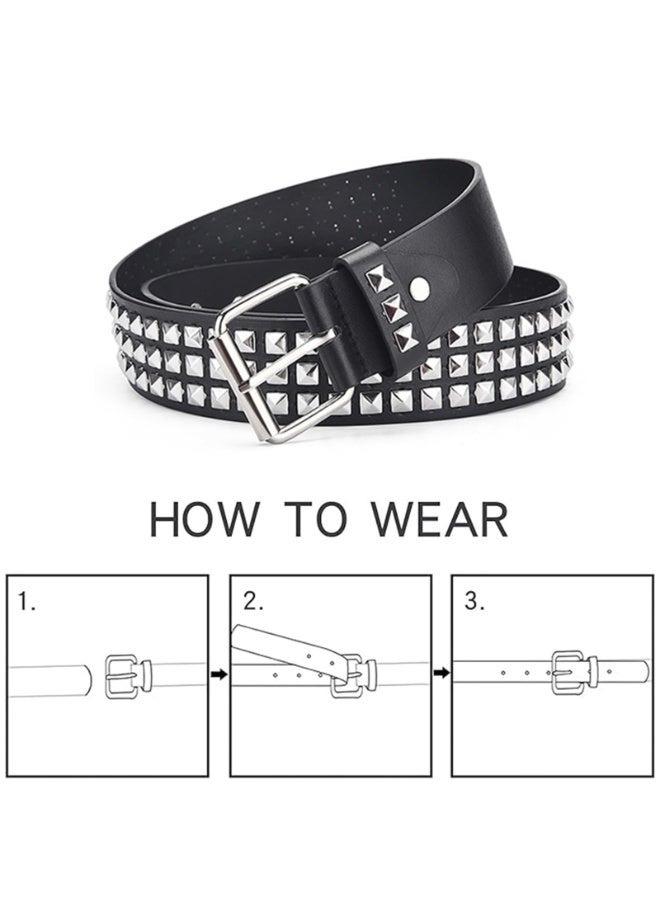 Studded Punk Belt, Black PU Leather with 3-Row Silver Pyramid Rivets, 110 x 3.8 cm - Image 4