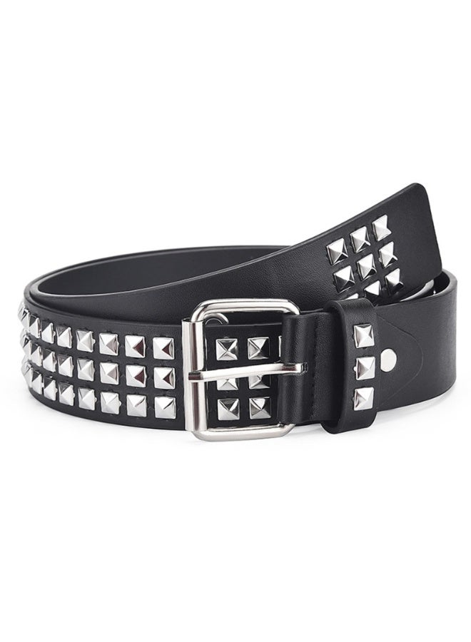 Studded Punk Belt, Black PU Leather with 3-Row Silver Pyramid Rivets, 110 x 3.8 cm - Image 2