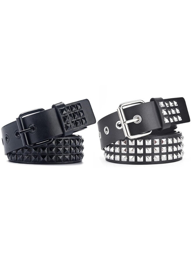 Studded Punk Belt, Black PU Leather with 3-Row Silver Pyramid Rivets, 110 x 3.8 cm - Image 1