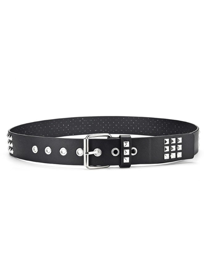 Studded Punk Belt, Black PU Leather with 3-Row Silver Pyramid Rivets, 110 x 3.8 cm - Image 3