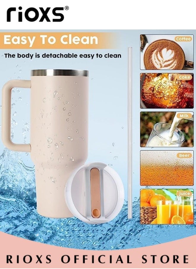 RIOXS - 40oz Tumbler With Handle And Straw, Double Wall Vacuum Water Bottle, Reusable Stainless Steel Insulated Tumbler For Home/ Office/ Car/ Camping, Travel Mug Cupholder, Keep Hot/Cold For Hours, Leak Proof Cup-Light Pink Water Bottle - Image 1