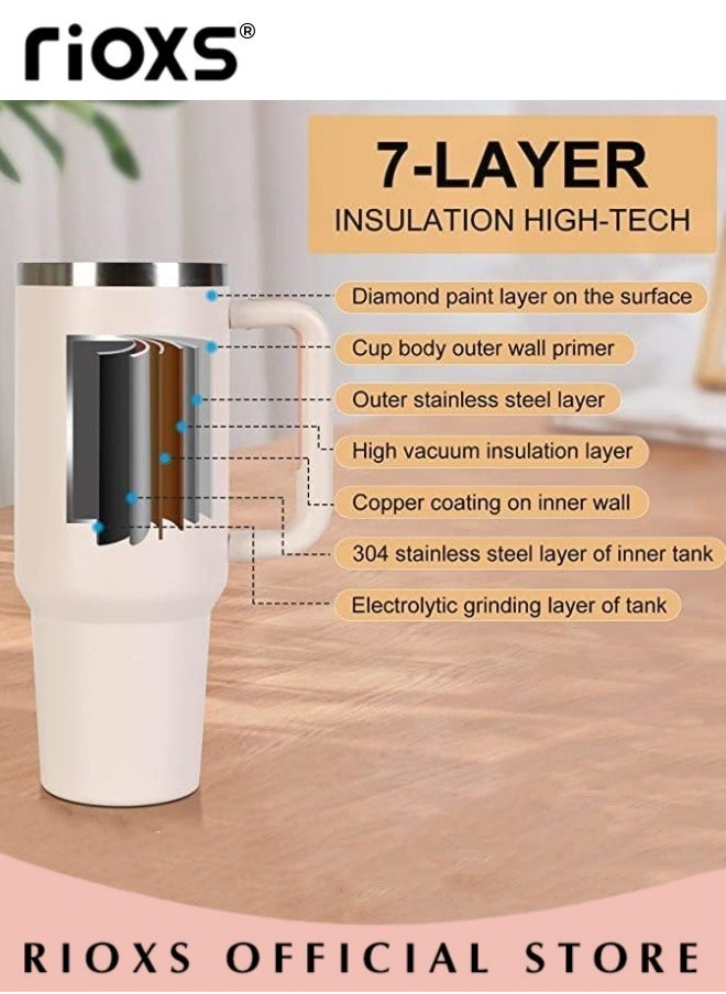 RIOXS - 40oz Tumbler With Handle And Straw, Double Wall Vacuum Water Bottle, Reusable Stainless Steel Insulated Tumbler For Home/ Office/ Car/ Camping, Travel Mug Cupholder, Keep Hot/Cold For Hours, Leak Proof Cup-Light Pink Water Bottle - Image 1