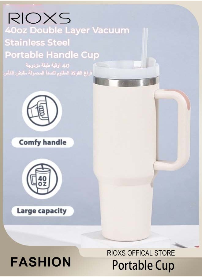 RIOXS - 40oz Tumbler With Handle And Straw, Double Wall Vacuum Water Bottle, Reusable Stainless Steel Insulated Tumbler For Home/ Office/ Car/ Camping, Travel Mug Cupholder, Keep Hot/Cold For Hours, Leak Proof Cup-Light Pink Water Bottle - Image 1