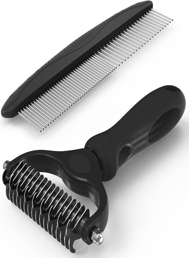 HFLYJPYW Pet Grooming Brush and Metal Comb Combo, Cat Brush Dog Brush for Shedding, Undercoat Rake for Dogs Grooming, Dematting Deshedding Brush Dogs Shedding Tool for Long matted Haired Pets, Gray (Black) - Image 1