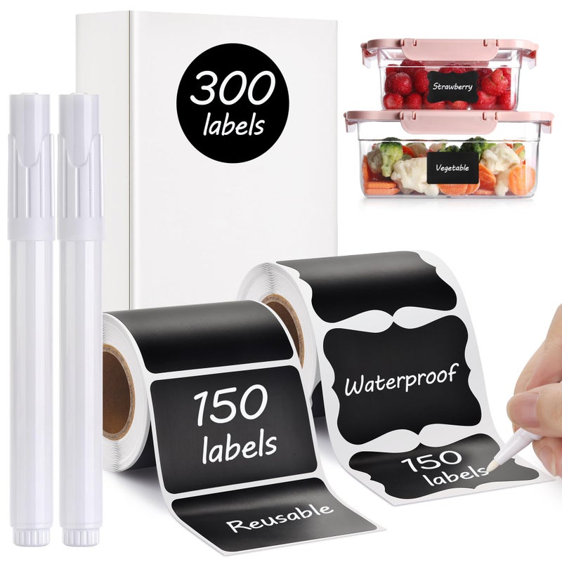 BESIMOY Chalkboard Labels - 300pcs Waterproof Reusable Blackboard Stickers with 2 Free Erasable White Chalk Marker, Mini Decorative Chalk Labels for Jars Containers Kitchen Home Pantry Office - Image 1