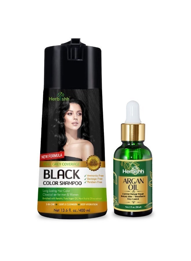 Herbishh Black Hair Colour Shampoo (400ml) with Argan Oil Serum (30ml) - Ammonia Free - Image 1
