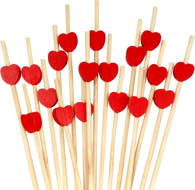 BambooMN 8.3" Decorative Red Heart Bamboo Cocktail Picks - 100 Count - Image 1