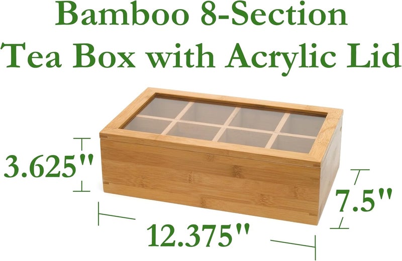 Lipper International Bamboo Wood Tea Box with Clear Acrylic Lid - 8-Section Storage Organizer - Image 2