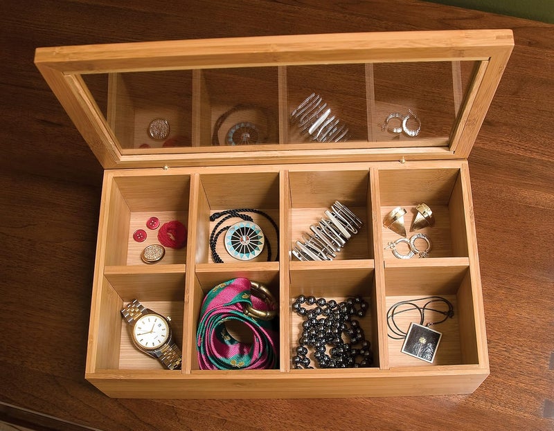 Lipper International Bamboo Wood Tea Box with Clear Acrylic Lid - 8-Section Storage Organizer - Image 5