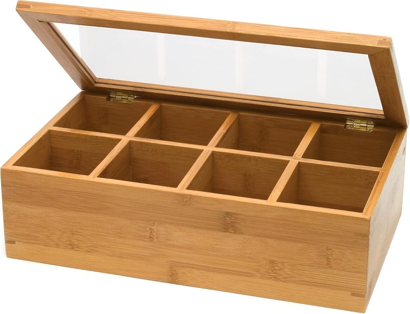 Lipper International Bamboo Wood Tea Box with Clear Acrylic Lid - 8-Section Storage Organizer - Image 1