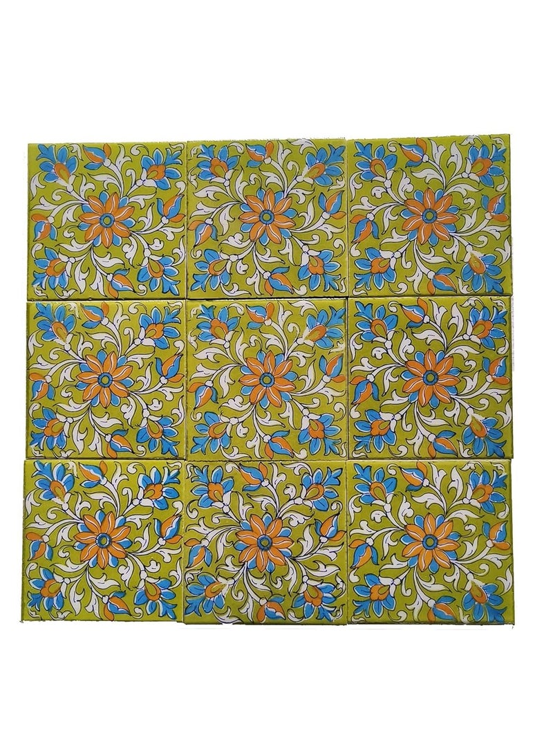 Shiv Kripa Blue Pottery Shiv Kripa Blue Pottery Luxury Floral Decorative Crafted Tabletop Flooring Wall Interior Exterior Traditional 4 x 4 inch Tiles Pack of 9 Tiles Green 