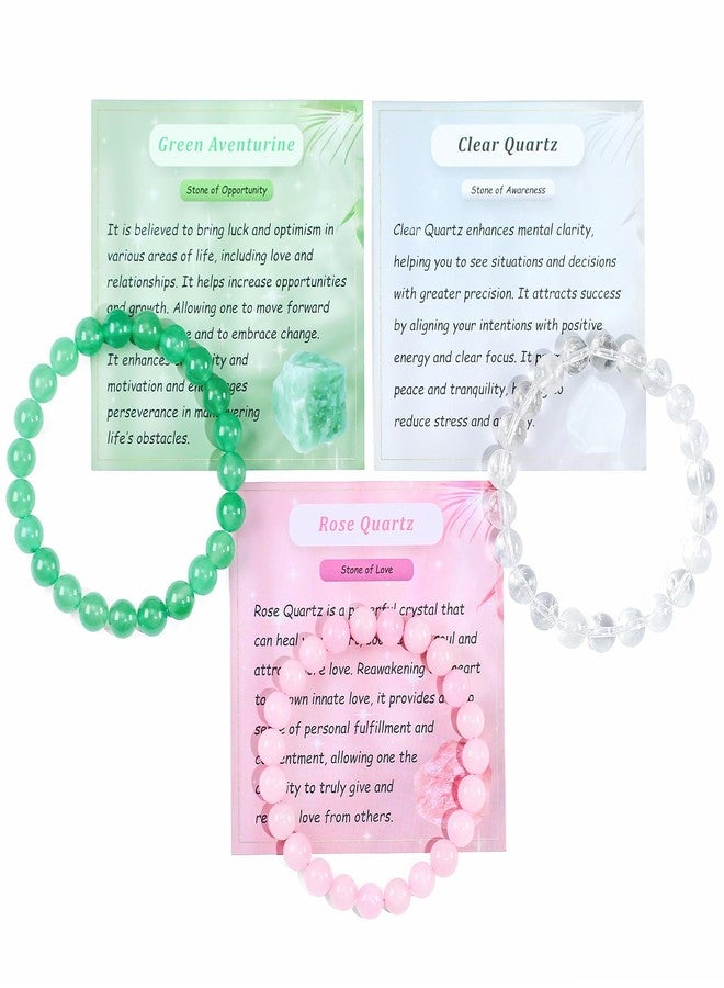 Clearain Set of 3pcs Natural Crystal Bead Bracelet for Women, Healing Stone Chakra Stretch Beaded Bracelets Anxiety Relief Bracelet Rose Clear Quartz Aventurine - Image 1