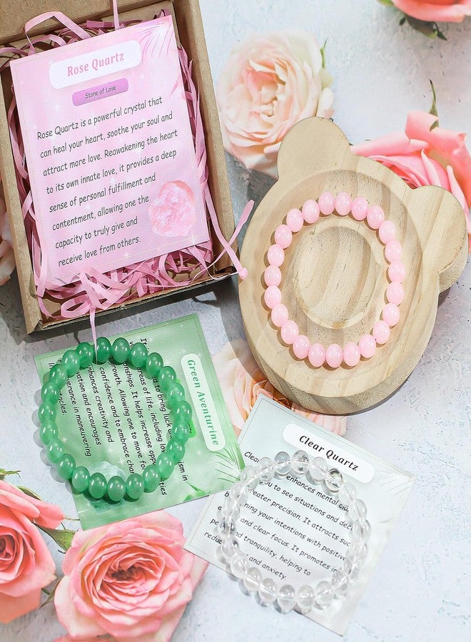 Clearain Set of 3pcs Natural Crystal Bead Bracelet for Women, Healing Stone Chakra Stretch Beaded Bracelets Anxiety Relief Bracelet Rose Clear Quartz Aventurine - Image 2