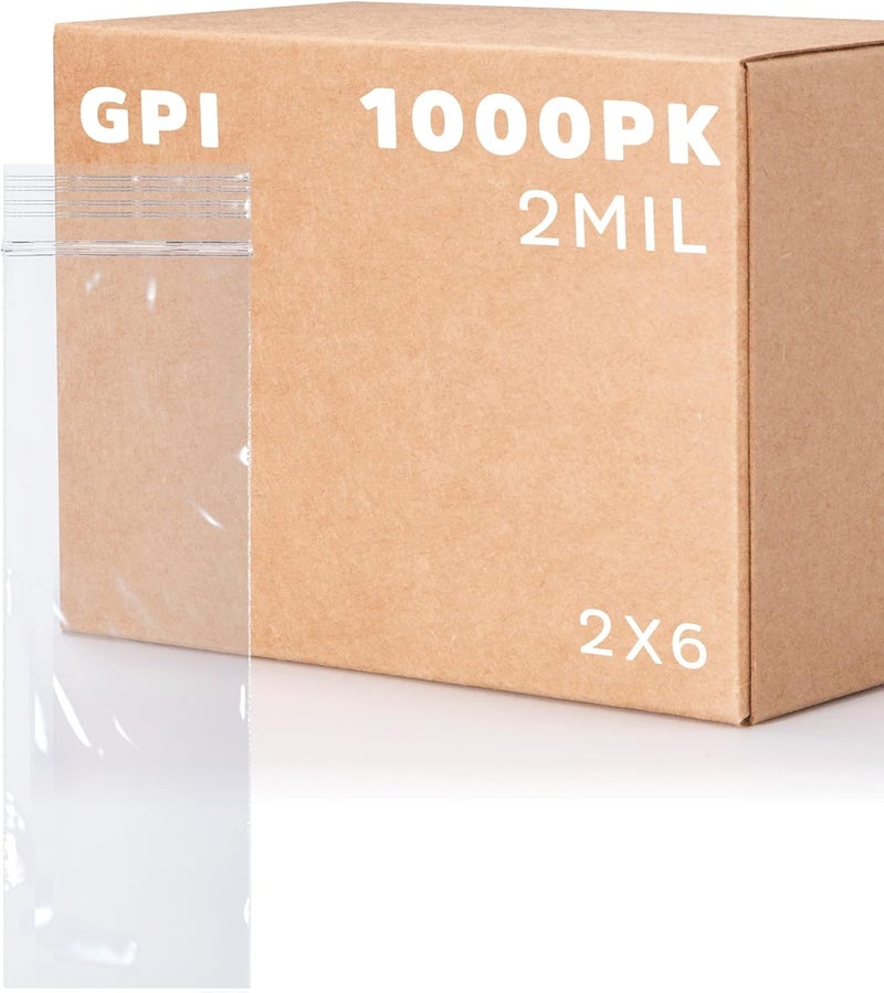 GPI POLY GPI 2" x 6" Zip Bags, 1000 Count, 2 Mil Clear Plastic Reclosable Zipper Baggies - Image 1