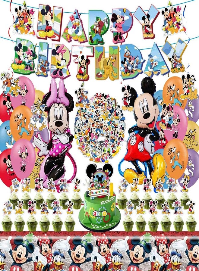 EBWHOLE Cartoon Party Supplies, Cute Mouse Birthday Party Decorations Include Happy Birthday Banner, Balloons, Hanging Swirls, Stickers, Cake Toppers, Tablecloth - Image 1