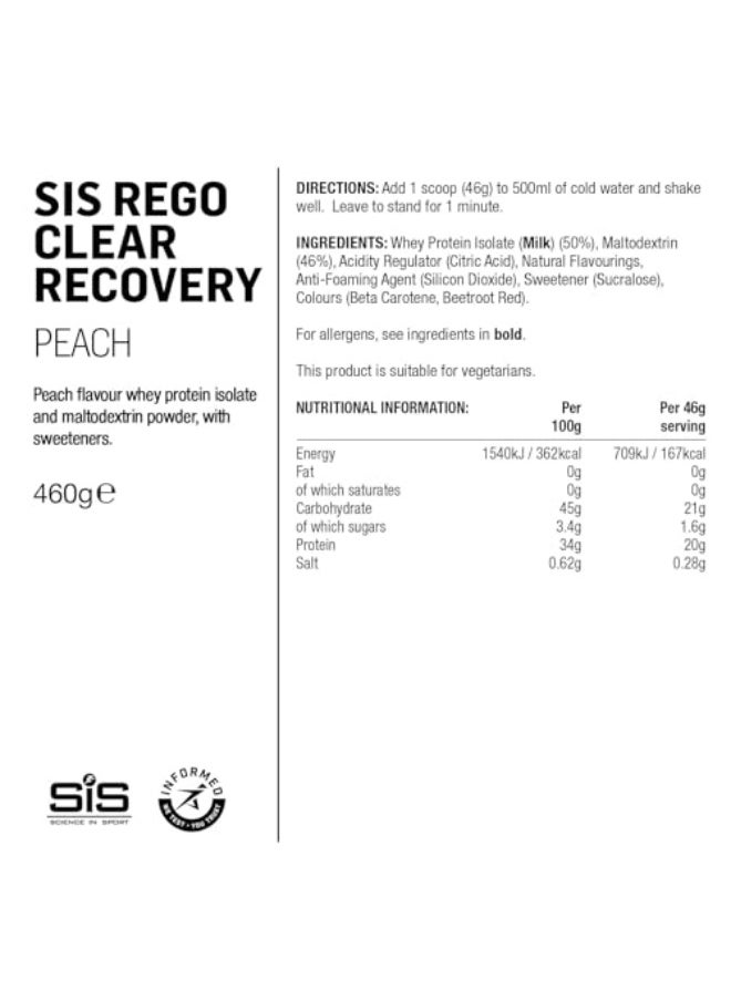 REGO CLEAR Recovery, LIGHT AND REFRESHING RECOVERY FORMULA, CONTAINING A 1:1 RATIO OF PROTEIN AND CARBOHYDRATES TO SUPPORT RECOVERY FROM ENDURANCE EXCERCISE, PEACH FLAVOUR, 460G 10 SERVINGS