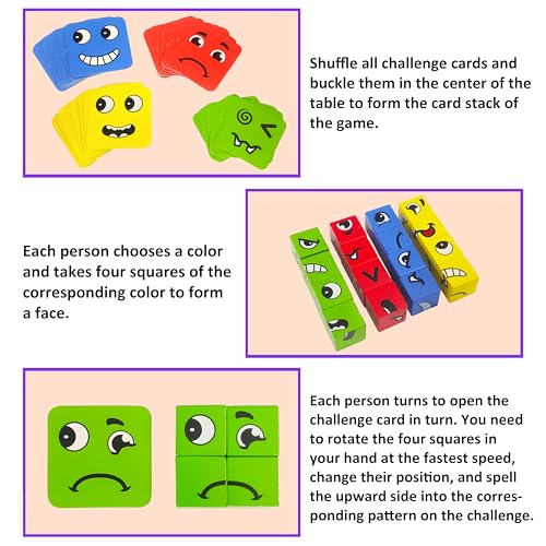 VGRASSP 16 Pcs Face Changing Wooden Blocks Puzzle Toy for Kids with 64 Funny Face Cards - Creative Puzzle with Mix-and-Match Expressions - Educational Brain Teaser - Multicolor - Image 4