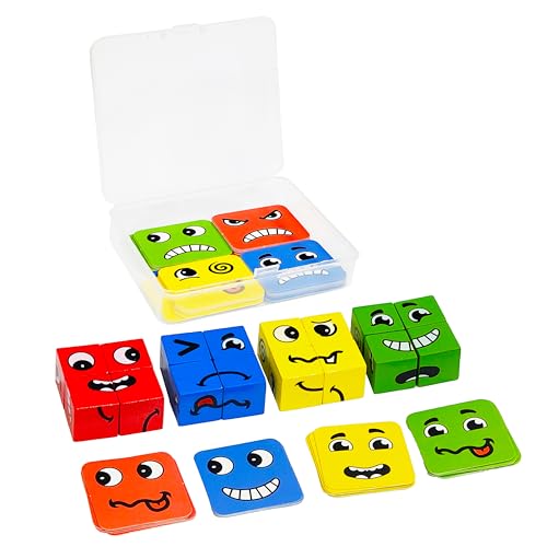 VGRASSP 16 Pcs Face Changing Wooden Blocks Puzzle Toy for Kids with 64 Funny Face Cards - Creative Puzzle with Mix-and-Match Expressions - Educational Brain Teaser - Multicolor - Image 1