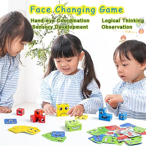 VGRASSP 16 Pcs Face Changing Wooden Blocks Puzzle Toy for Kids with 64 Funny Face Cards - Creative Puzzle with Mix-and-Match Expressions - Educational Brain Teaser - Multicolor - Image 2