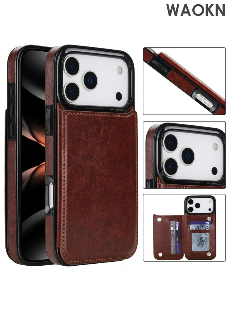 دبليو أيه أو كي أن Suitable for iPhone 17 ProMax phone case, Crazy Horse pattern double buckle phone leather case, card insertion sticker phone protective case, double magnetic buckle and durable shockproof wristband cover phone protective case. - Image 1