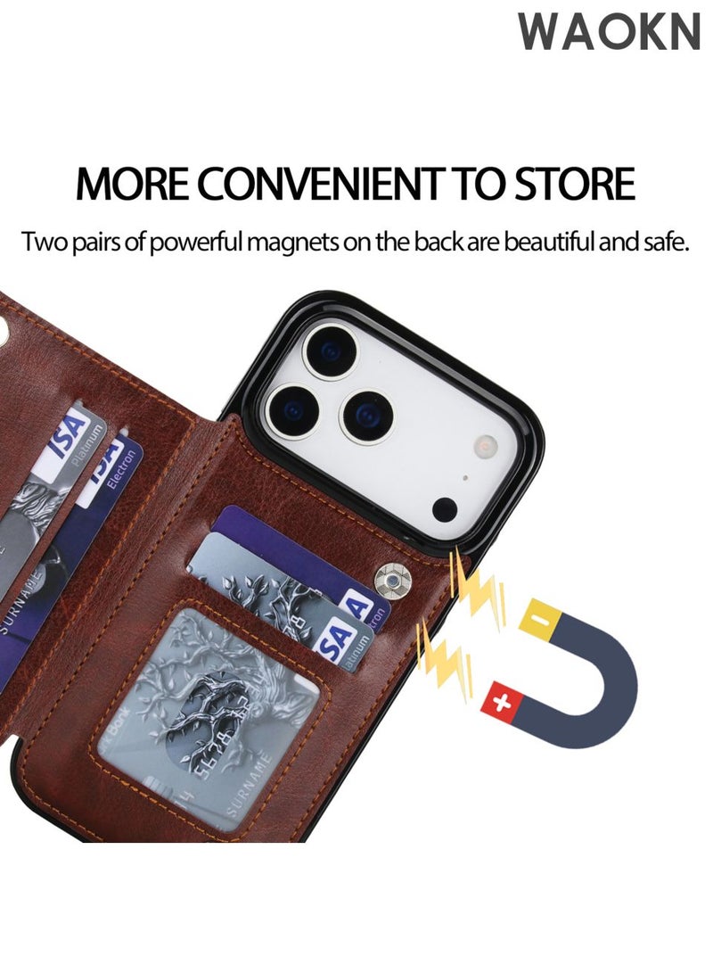 دبليو أيه أو كي أن Suitable for iPhone 17 ProMax phone case, Crazy Horse pattern double buckle phone leather case, card insertion sticker phone protective case, double magnetic buckle and durable shockproof wristband cover phone protective case. - Image 4