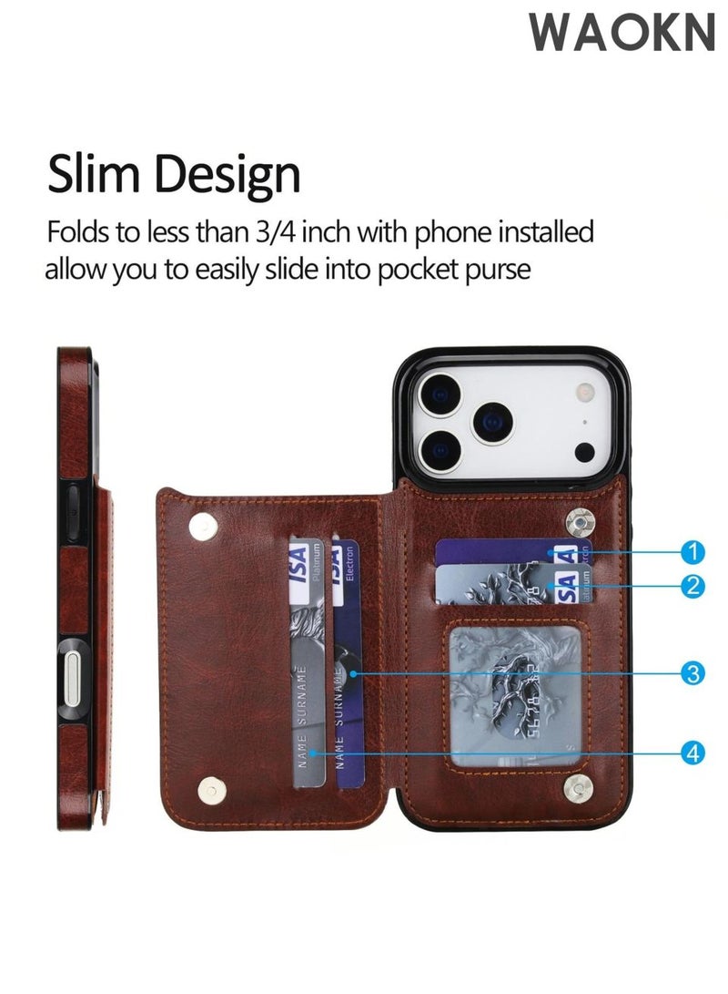 دبليو أيه أو كي أن Suitable for iPhone 17 ProMax phone case, Crazy Horse pattern double buckle phone leather case, card insertion sticker phone protective case, double magnetic buckle and durable shockproof wristband cover phone protective case. - Image 3