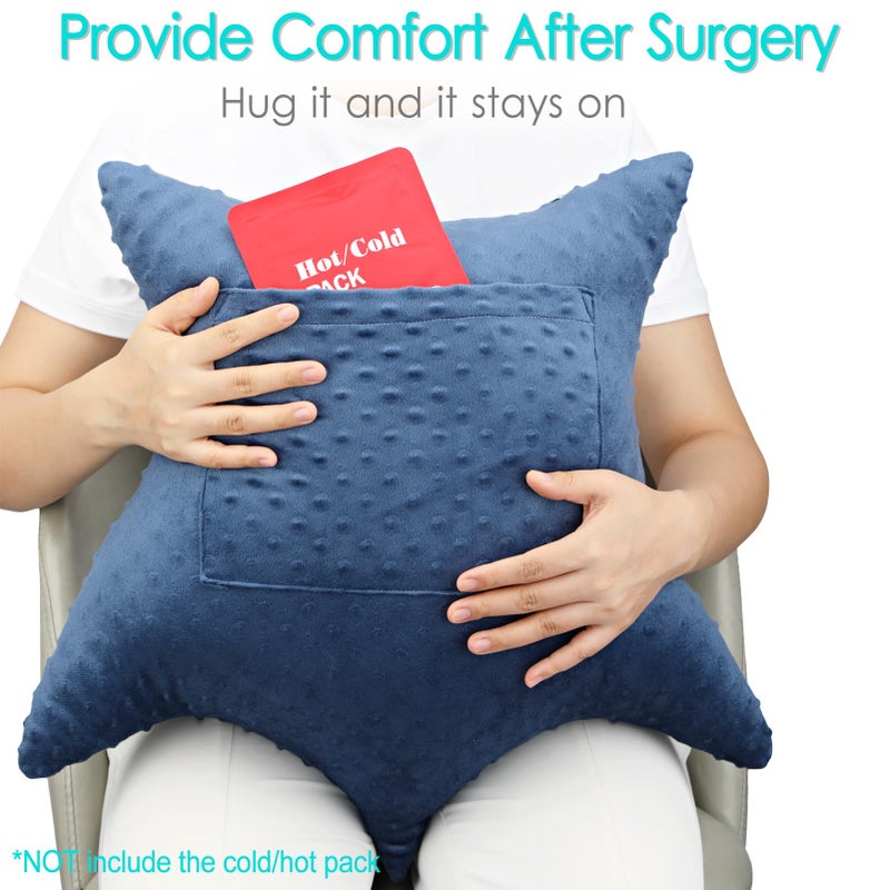 D. Cozy Star Shaped Hysterectomy Pillow with 2 Pockets for Abdominal Surgery Hysterectomy Recovery Must Haves Products Gifts Tummy Pillow with Hands Placement Pouch Minky Dot Denim Blue - Image 2