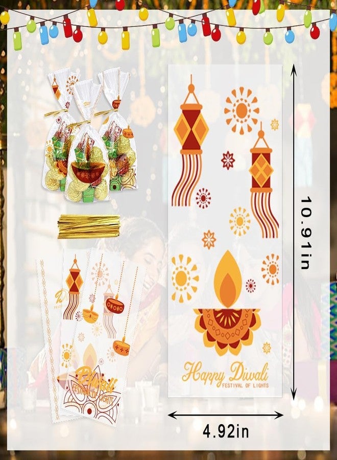 Hying 120 Pieces Diwali Cellophane Bags with Twist Ties, Deepavali Candle Cello Treat Bags Indian Holiday Candle Bag Festival of Lights Treat Bags for Cookie Candy Goodies Wrapping Supplies - Image 2