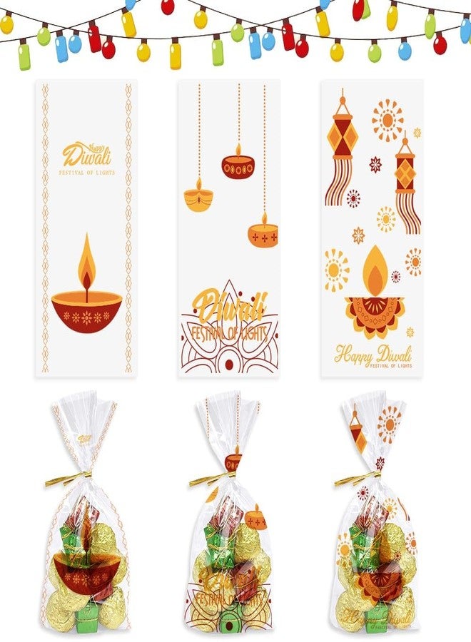 Hying 120 Pieces Diwali Cellophane Bags with Twist Ties, Deepavali Candle Cello Treat Bags Indian Holiday Candle Bag Festival of Lights Treat Bags for Cookie Candy Goodies Wrapping Supplies - Image 1