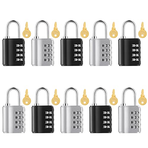 Kenning 10 Pcs Combination Padlock 4 Digit Combination Lock with Keys Locker Resetable Security Outdoor Waterproof Gate Lock for School Sports Gym Locker Employee Fence Case (Silver and Black) - Image 1