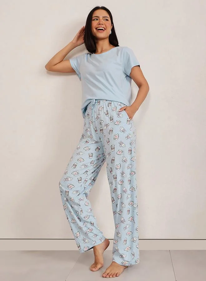 Clovia Clovia Solid Round Neck T-Shirt and Printed Pyjama Set