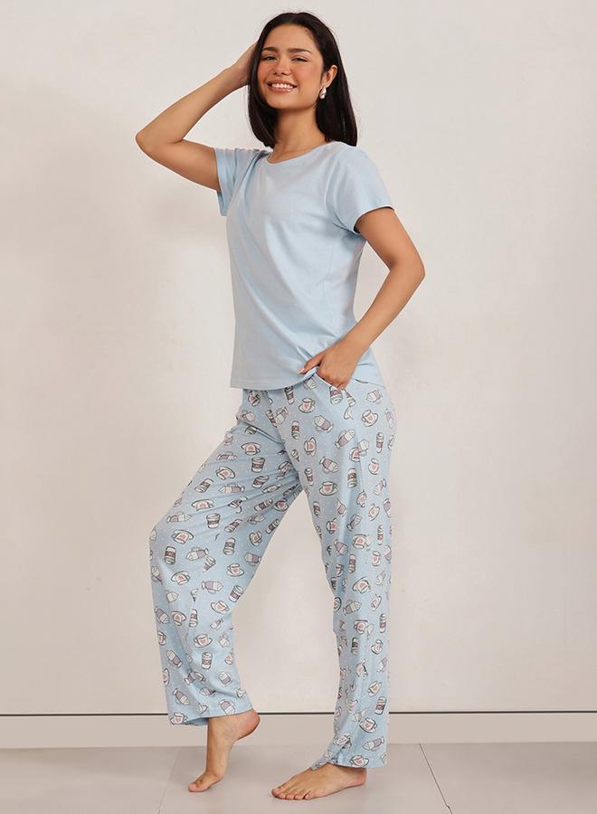كلوفيا طقم بيجامة مطبوعة وتيشيرت برقبة دائرية سادة من كلوفيا - Image 3